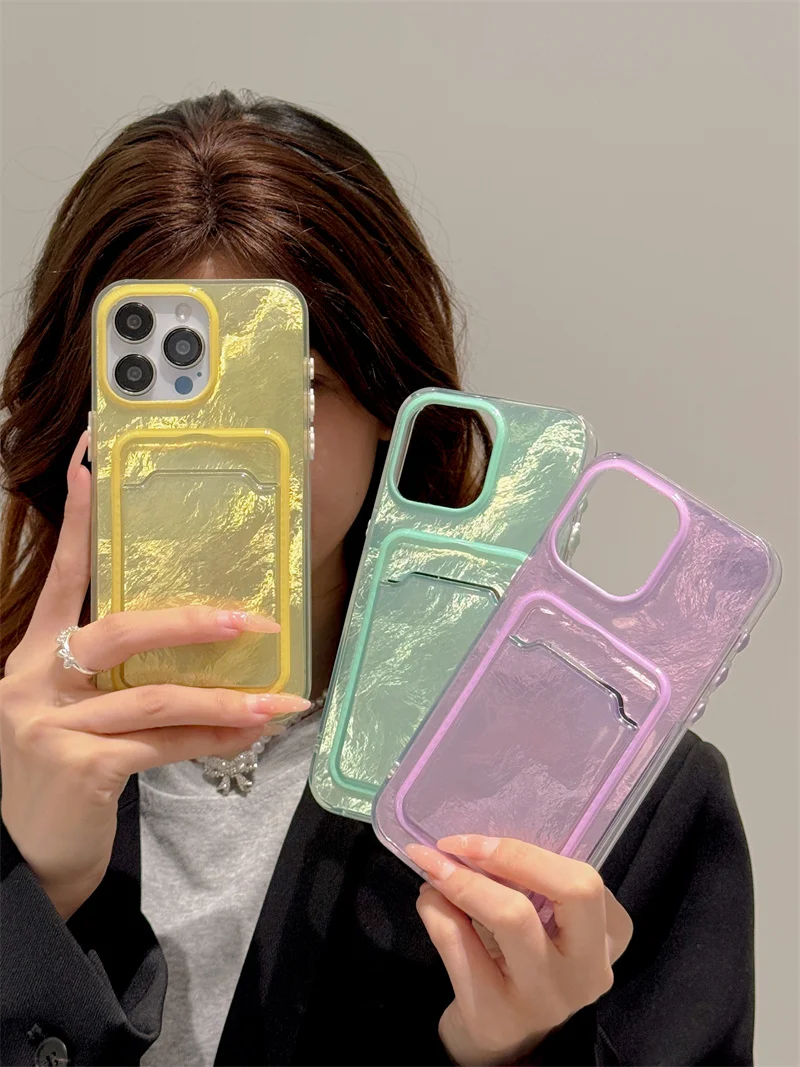 Simple tinfoil grain solid color for Apple 13 14 15Promax phone case Apple 14 15Pro card bag silicone anti-fall protective case