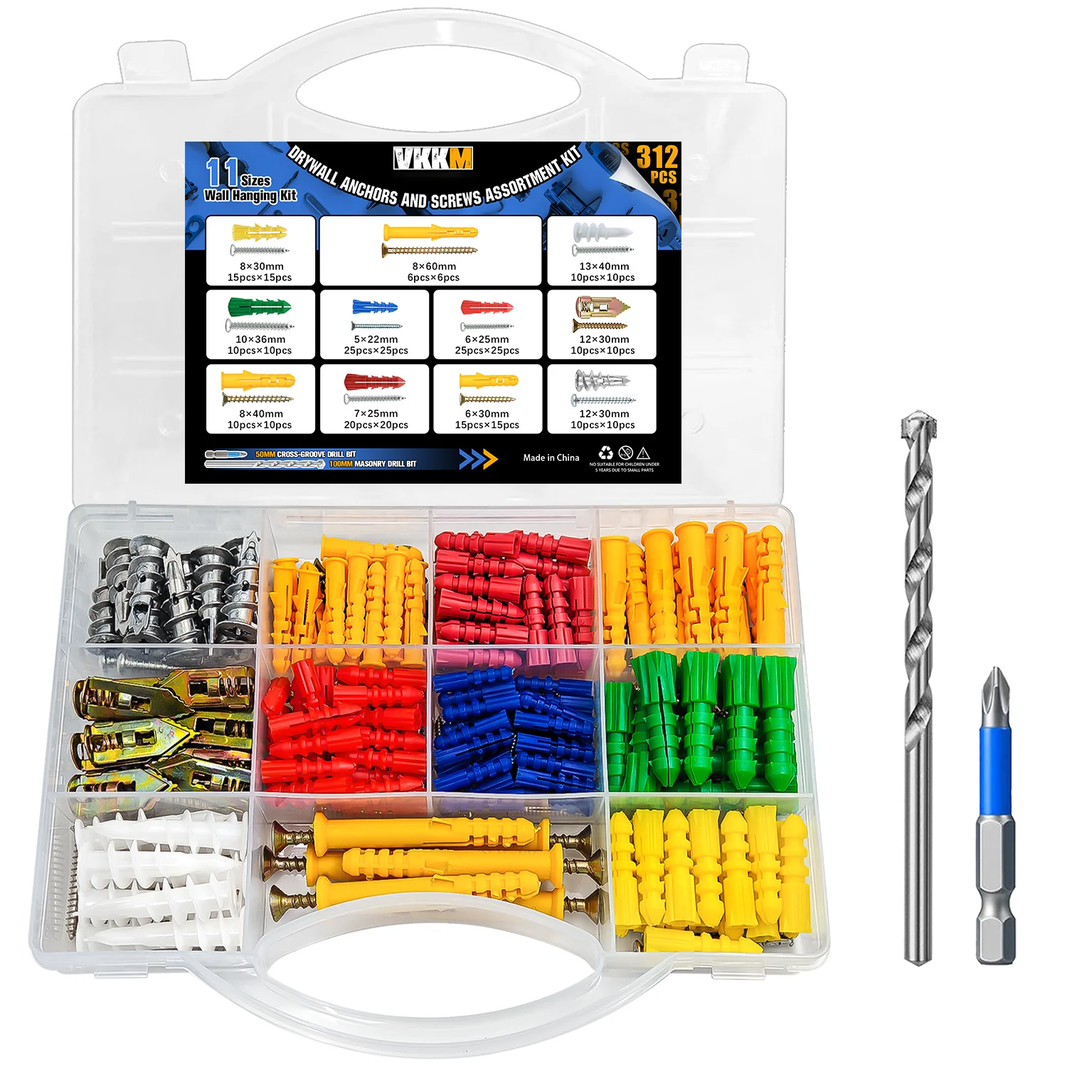 VKKM 312Pcs Wall Anchor and Screw Assortment Kit, 11 Sizes Plastic Drywall Wall Plugs with Self Tapping Screws & Masonry Drill Bit for Concrete Brick Drywall Wood Mounting