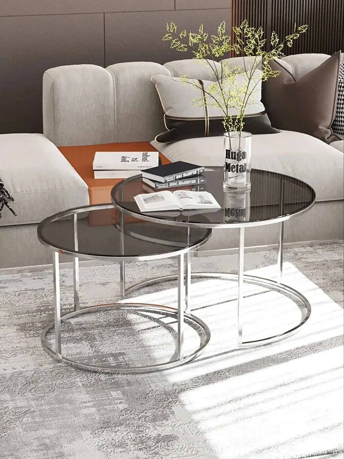 Modern Set of 2 Center Tables Silver Transparent Unbreakable Glass Luxury Design Coffee Tables Home Living Room 3 Pcs Furnitures