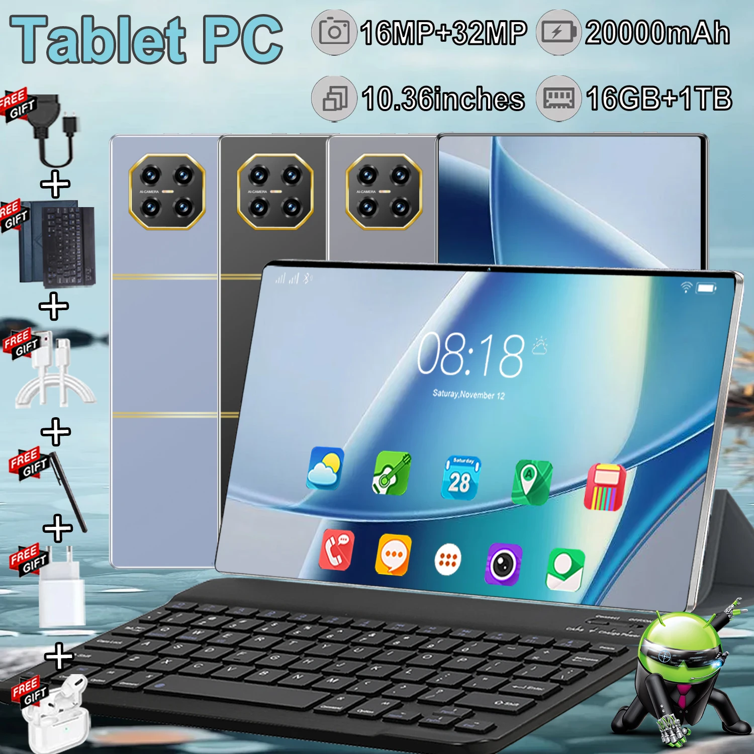Tablette Numérique 2026 10,36 Pouces Android 13.0 Chipset 14 Cœurs 16Go+1To Batterie Endurante 20000mAh Connettivité WiFi Paire De Caméras 16MP Et 32MP
