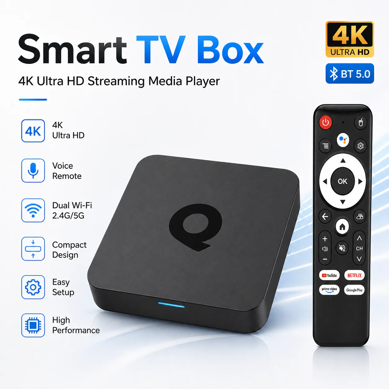 

Smart TV Box 4K Ultra HD Streaming Media Player Dual WiFi 2.4G/5G TV Box with Voice Remote BT 5.0 Set Top Box Home Entertainment
