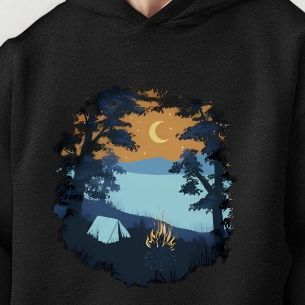 

Camping Scene Hoodie Night Sky Graphic Autumn Winter Casual Loose Long Sleeved Relaxing Nature Themed Cozy Trendy Cloth Tops