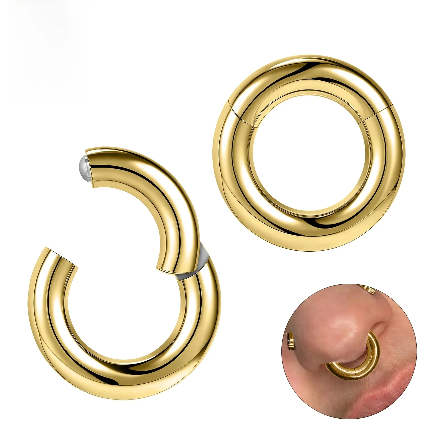 ZS 1PC G23 Tytanowy kolczyk kółko dla mężczyzn Pozłacany kolczyk kółko Duży pierścień nosowy Seputm 2/4/6/8/10/12G Punk Earring — zdjęcie 2