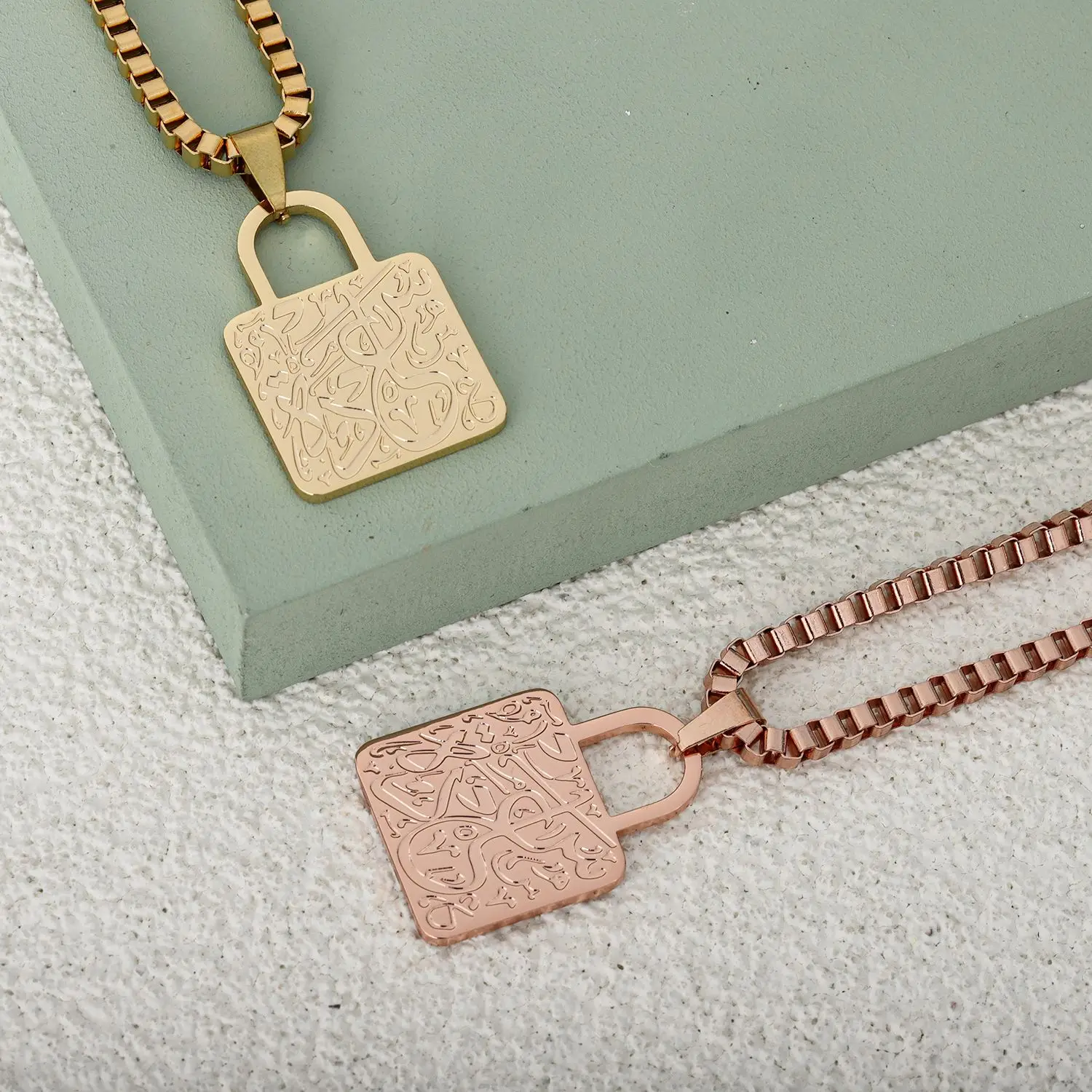 

LOCK OF HAPPINESS Personalized Arabic Pendant Box Chain Necklace Stainless Steel 18K Gold Plated Jewelry Eid Gift For Women