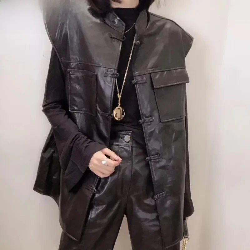 Vintage Women Loose Fit Sheepskin Real Leather Vest Punk Stand Collar Sleeveless Genuine Leather Jacket Casual Waistcoat Tops — zdjęcie 2