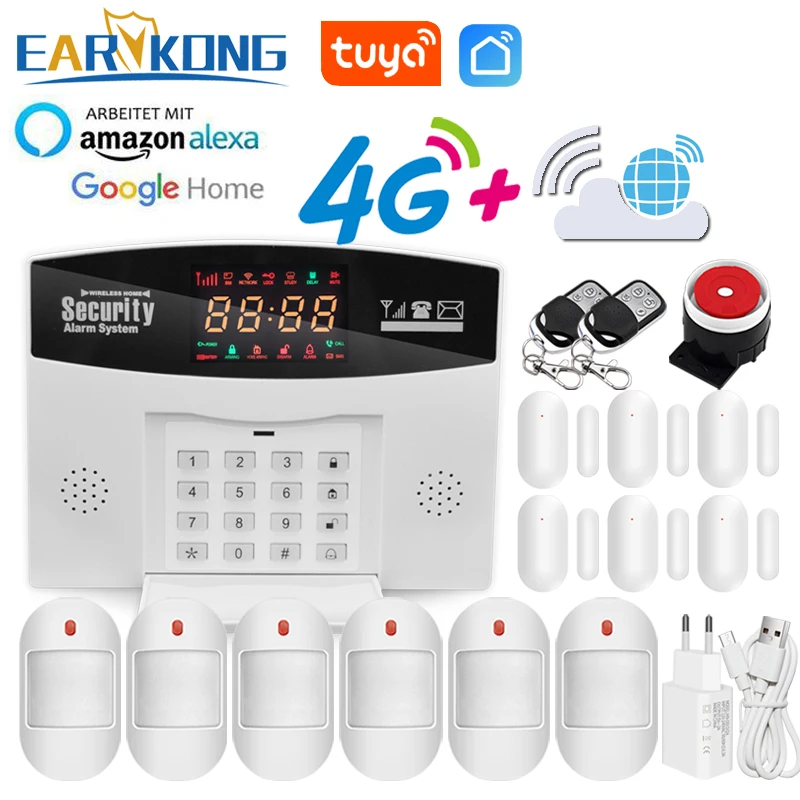 Tuya 4G GSM Alarm System 433MHz Wireless Smart Home Security System 4G SIM Card APP Remote Control Compatible Alexa Google Home