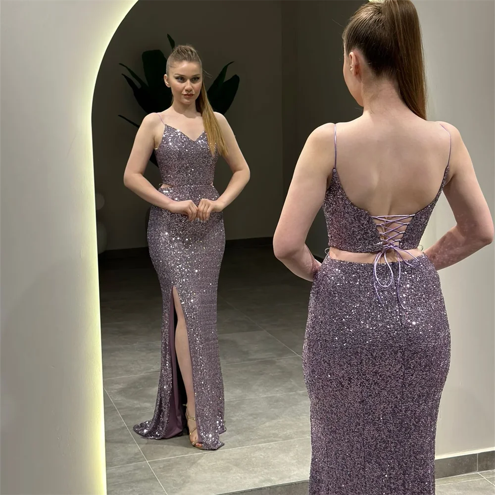 Vestido de noche de encaje con lentejuelas y cuello en V, tirantes finos sexys, impresionante vestido de fiesta para graduación con abertura lateral alta, personalizado, 2024