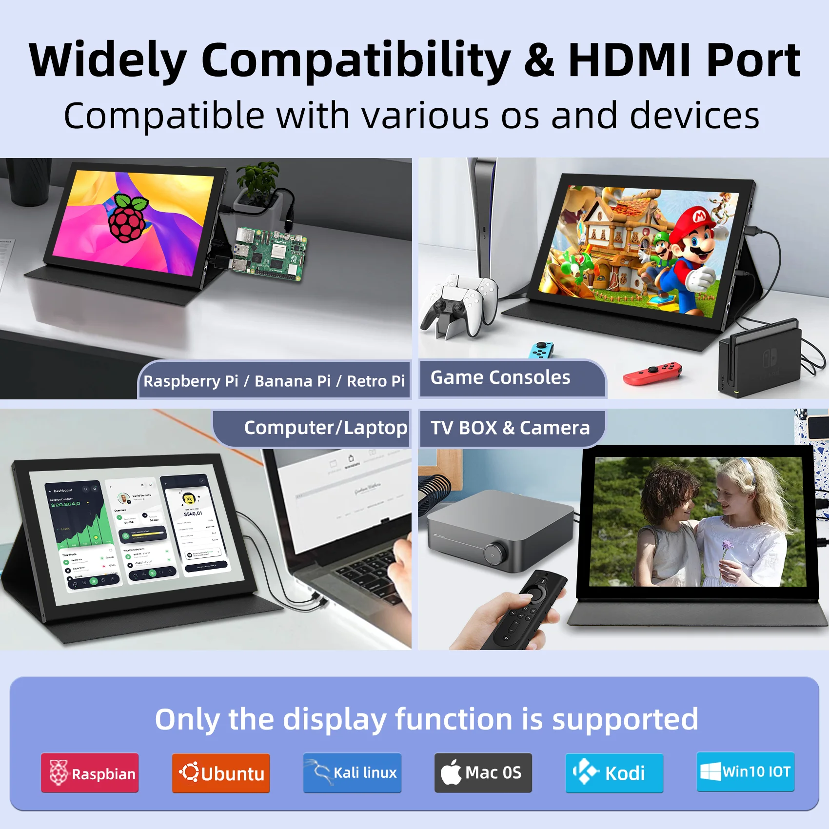 Monitor portatile da 10.1 pollici con doppio altoparlante Monitor HDMI 1280x800 per PC/Laptop/Raspberry Pi/Banana Pi // Console di gioco