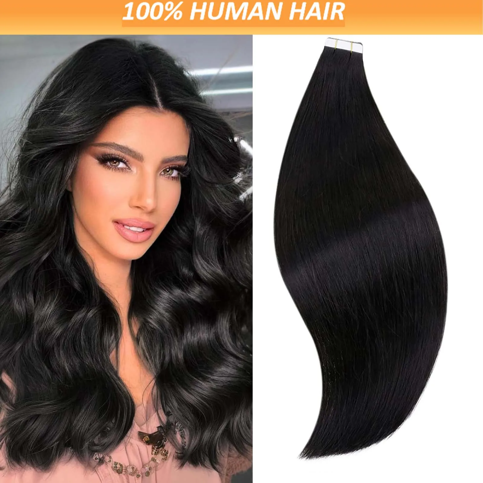 

Лента для наращивания волос, черные 100% настоящие человеческие волосы, прямые бесшовные ленты для наращивания волос, черные волосы