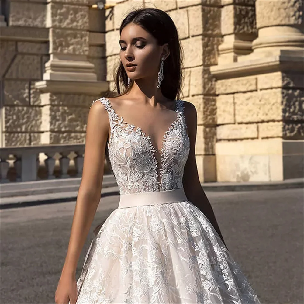 Vestidos de casamento de linha para mulheres, vestido nupcial decote em v, alças espaguete, apliques sem encosto, vestido de noiva requintado