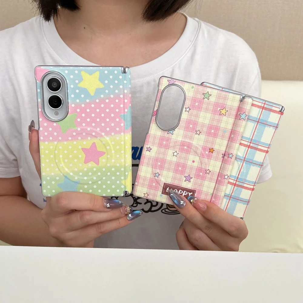 Korea Ins Dopamine Plaid Star Phone Case for Samsung Galaxy Z Fold 8 Z Z Fold 8 Ultra Fold 7 6 Sweet Folding Anti-Shatter Cover