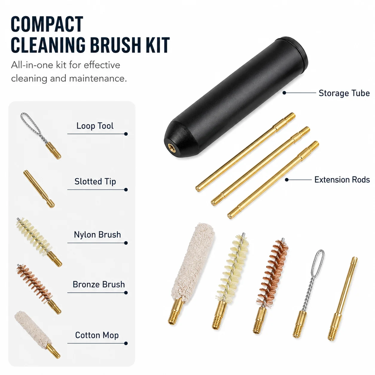 Compact Cleaning Brush Kit with Storage Tube Brass Extension Rods Plastic Bronze Cotton Brush Heads for Pipes Tubes Nozzles Care