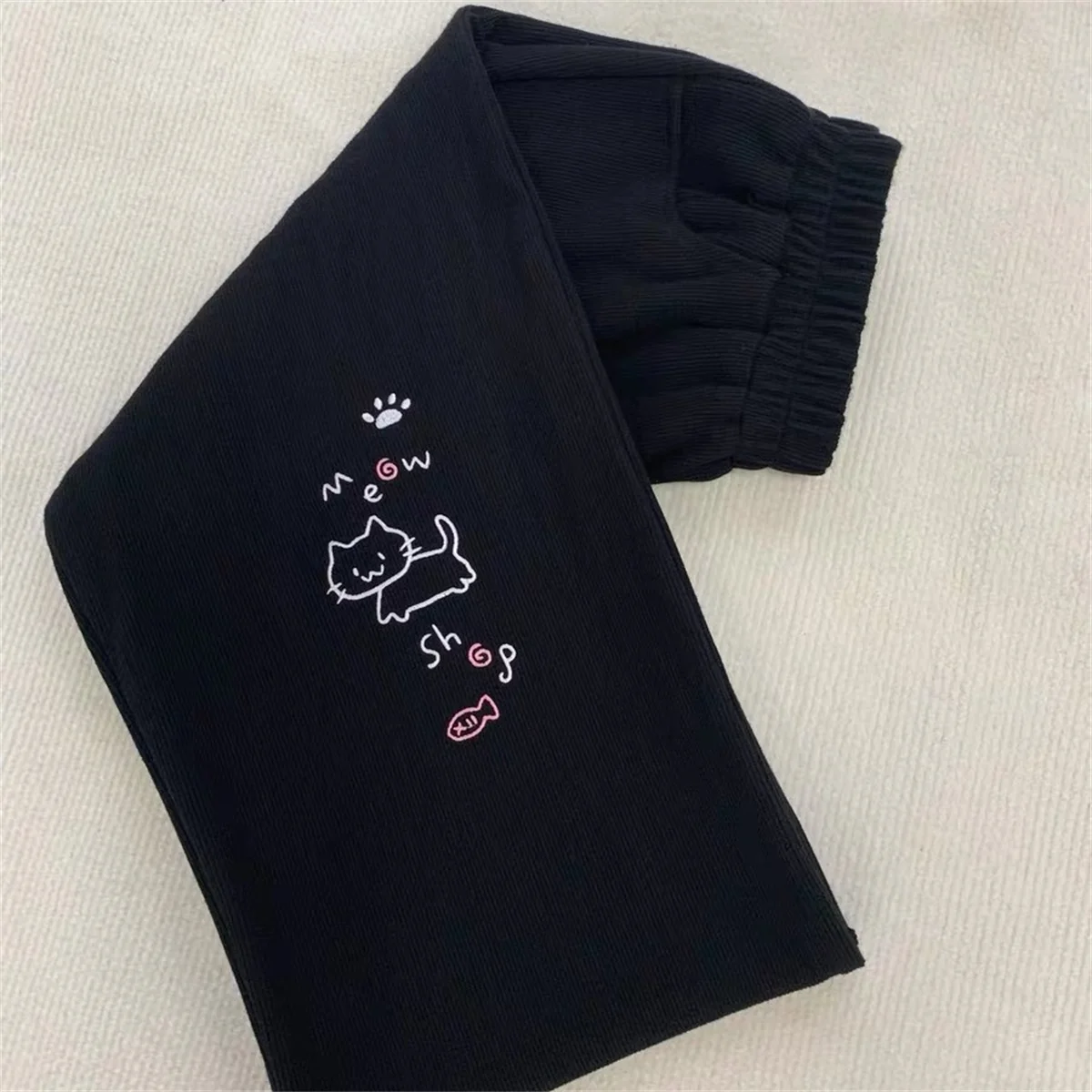 Sweatpants Women Japanese Chic Y2k Pants Cute Pantalon Femme 2025 New Bottoms Cat Embroidery Straight Tunic High Waist Trousers