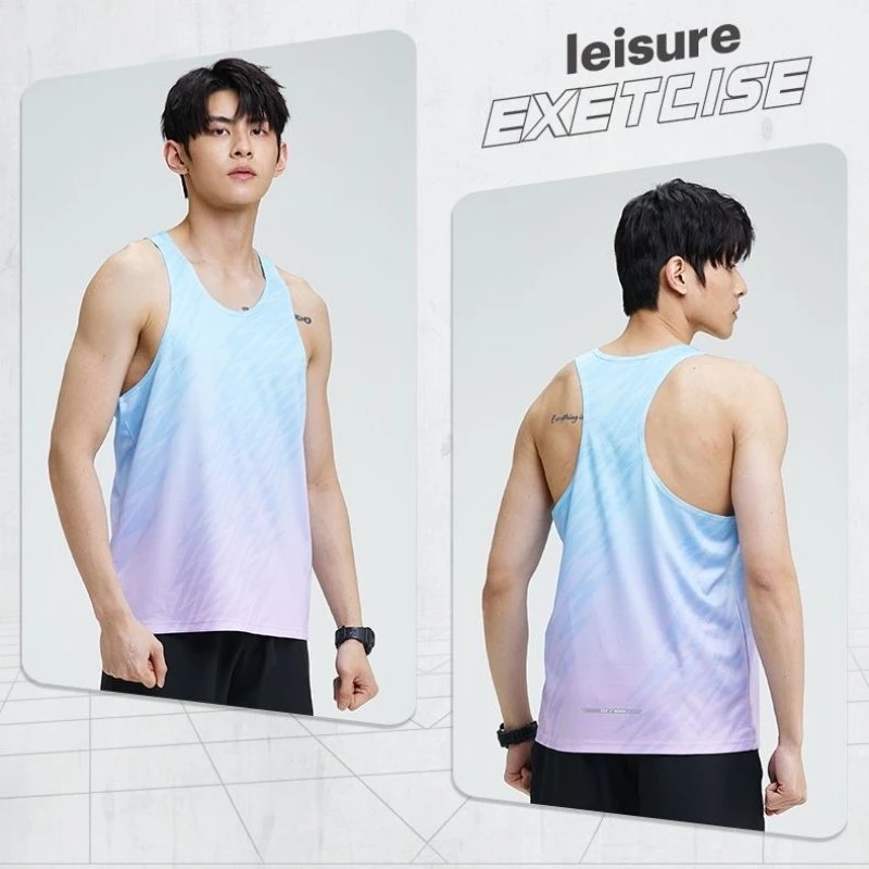 Gradient Color Sports Marathon Singlet for Men High Quality Quick Dry Gym Fitness Running Tank Tops Man Exercise Training Vest