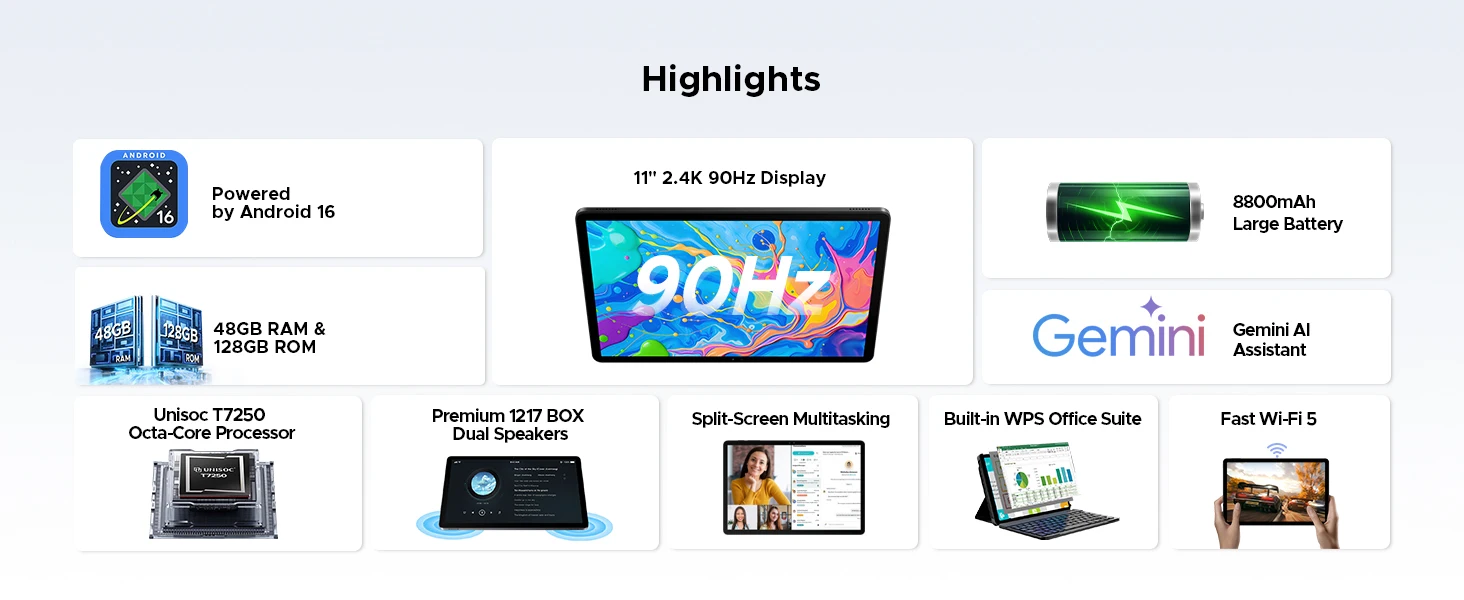 POCKAM P11 Pro Android 16 Tablet, 11" Tablet with Gemini AI, 48GB RAM+128GB ROM, Tablet 2.4K 90Hz, T7250 Octa-Core, 13MP+5MP, 8800mAh, 5G WIFI, Headphone, Tablet with Keyboard, Pen, Mouse-Black