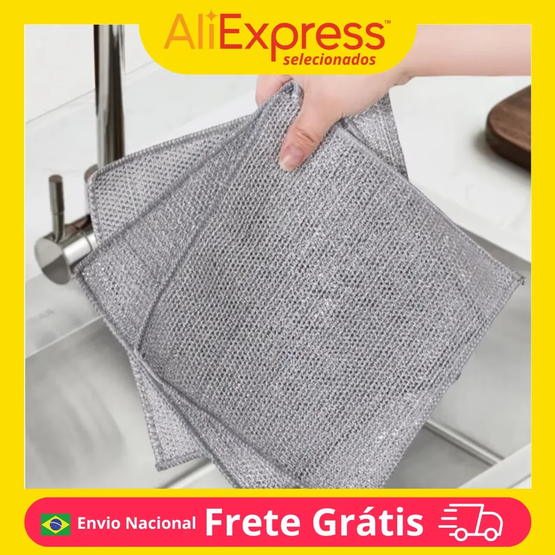 Kit 6 Pano Mágico Multiuso Esponja Com Fio De Aço Que Não Risca Para Limpeza Pesada Tira Gordura Panela Fogão Inox Pia Cozinha
