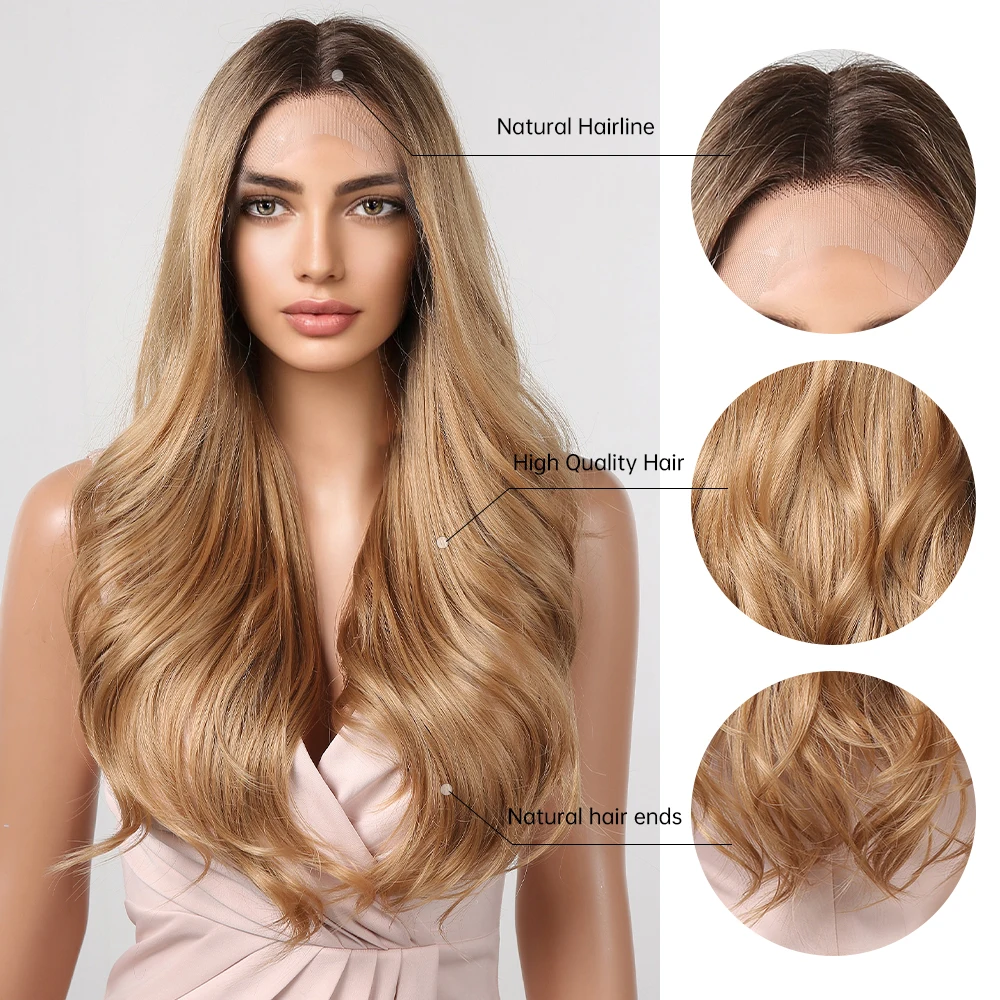CharmSource Synthetic Lace Wig Brown Ombre Lace Front Wigs Long Wavy with Dark Root Wigs for Women Daily Cosplay
