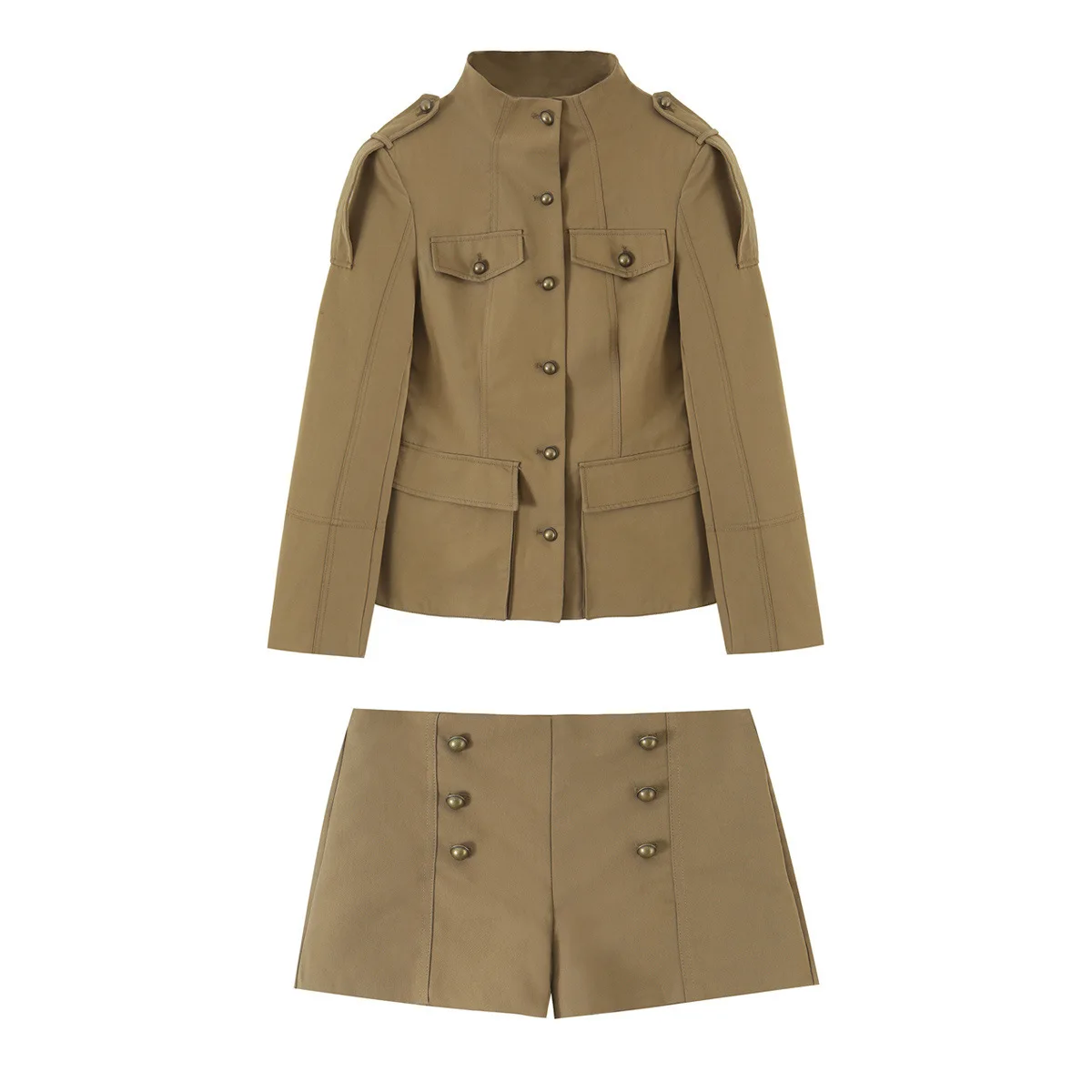 Womens Vintage Khaki Cargo Jacket Shorts Set Stand Collar Military Coat High Waist Button Trousers 2 Piece Streetwear Suit