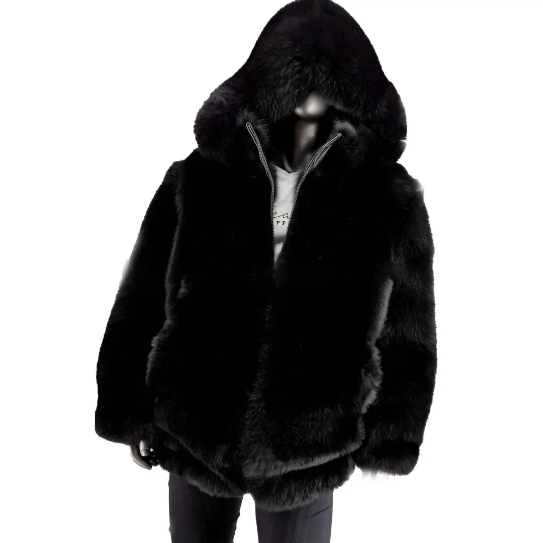 Fashion Black Genuine Fox Fur Jacket Wholeskin High Street Man Natural Fox Fur Jackets with Hood Thick Warm Man Fur Overcoats