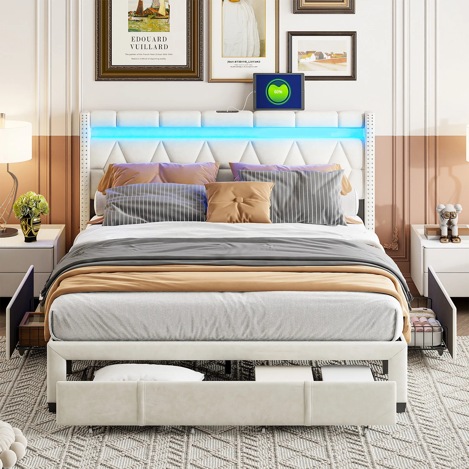 ROSAHQNDA Letto imbottito con Cassetti، Letto الزواجية Moderno in Lino، testiera Unica a LED con porte USB، Sans Materasso