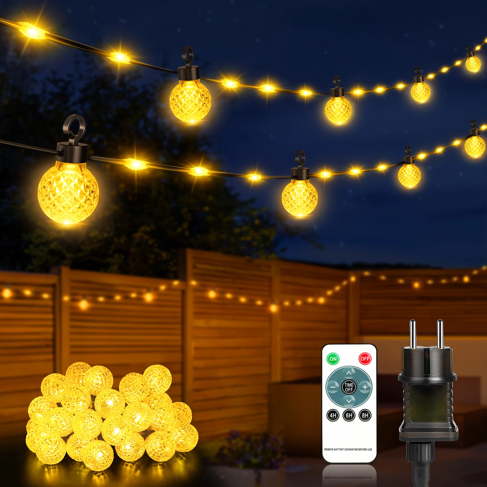 Lureshine Marokkaanse Ball String Lights 32M 200 LED's Plug-in Warm Wit 3000K Waterdicht 8 Modi Fairy Lights met afstandsbediening dimbaar voor tuinhuwelijk Kerst decoratief