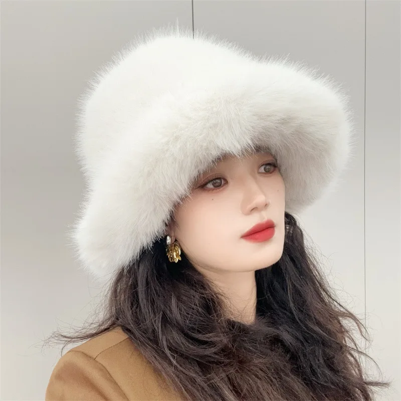 Keep Warm Fur Bucket Hat2024 new women's winter warm thickened imitation fox fur bucket hat шапка женская