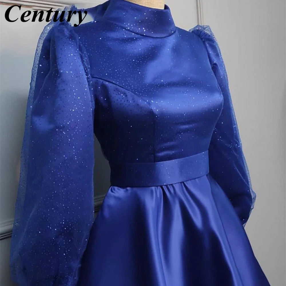 Customized Satin Ball Gown Robe marocaine Elegant Lady High Neck Caftan marocain Vintage Empire Royal Blue Moroccan Muslim Dress