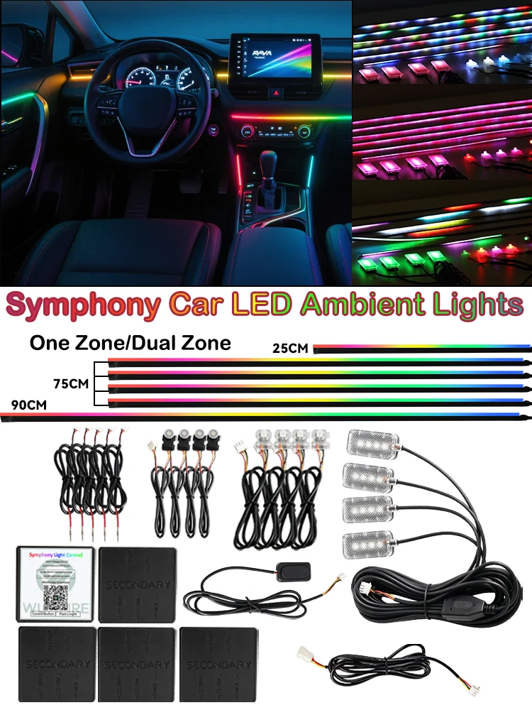 Kolorowe, akrylowe listwy LED do wnętrza samochodu, sterowane bezprzewodowo za pomocą aplikacji, RGB, 6/18 w 1, listwy światłowodowe do samochodu, dynamiczne, synchronizowane z muzyką, neonowe zestawy — 2