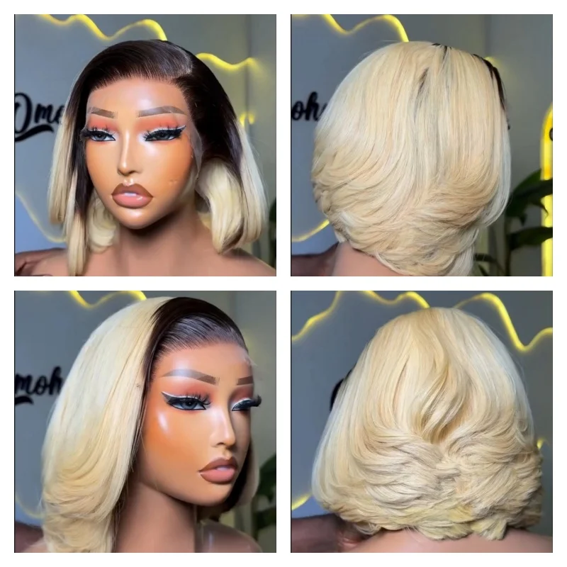 

#1BT613 Blonde Short Bob Human Hair Wigs 13x4 Lace Wig Human Hair 200 Density Transparent Lace Wig Ombre Honey Blonde Wig
