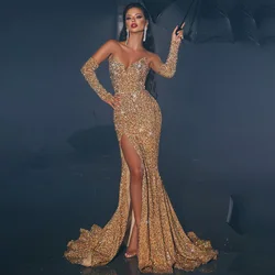 Robe sirène à paillettes dorées pour femmes, robes de soirée scintillantes, robe de Rhtrompent sexy, quel que soit le long côté, fente haute, col en V, 2023