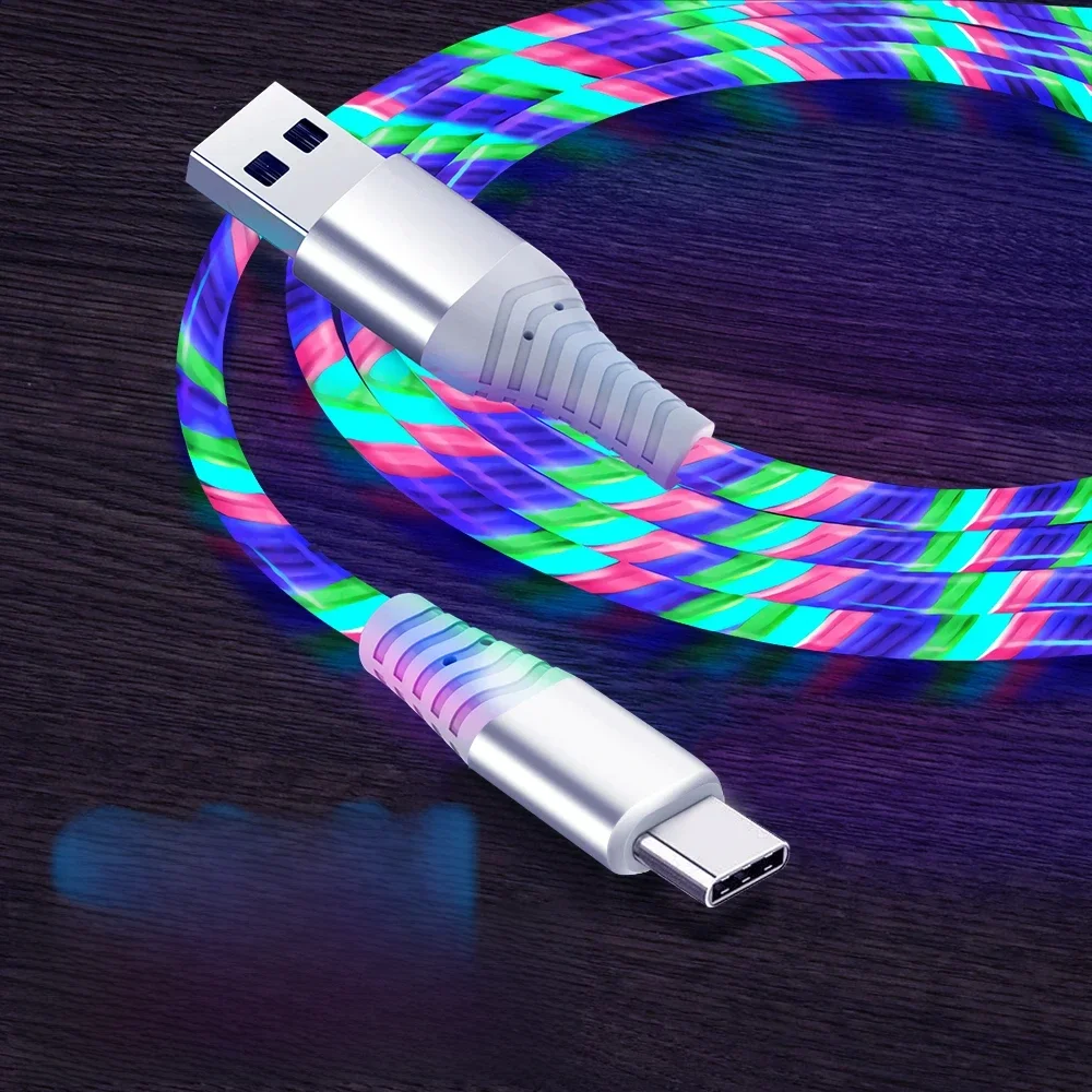 Flow Luminous USB Type C Cable 3A Fast Charging Data Cord dla Samsung Xiaomi OPPO Huawei IPhone Charger Micro USB Wire LED Cable — zdjęcie 2