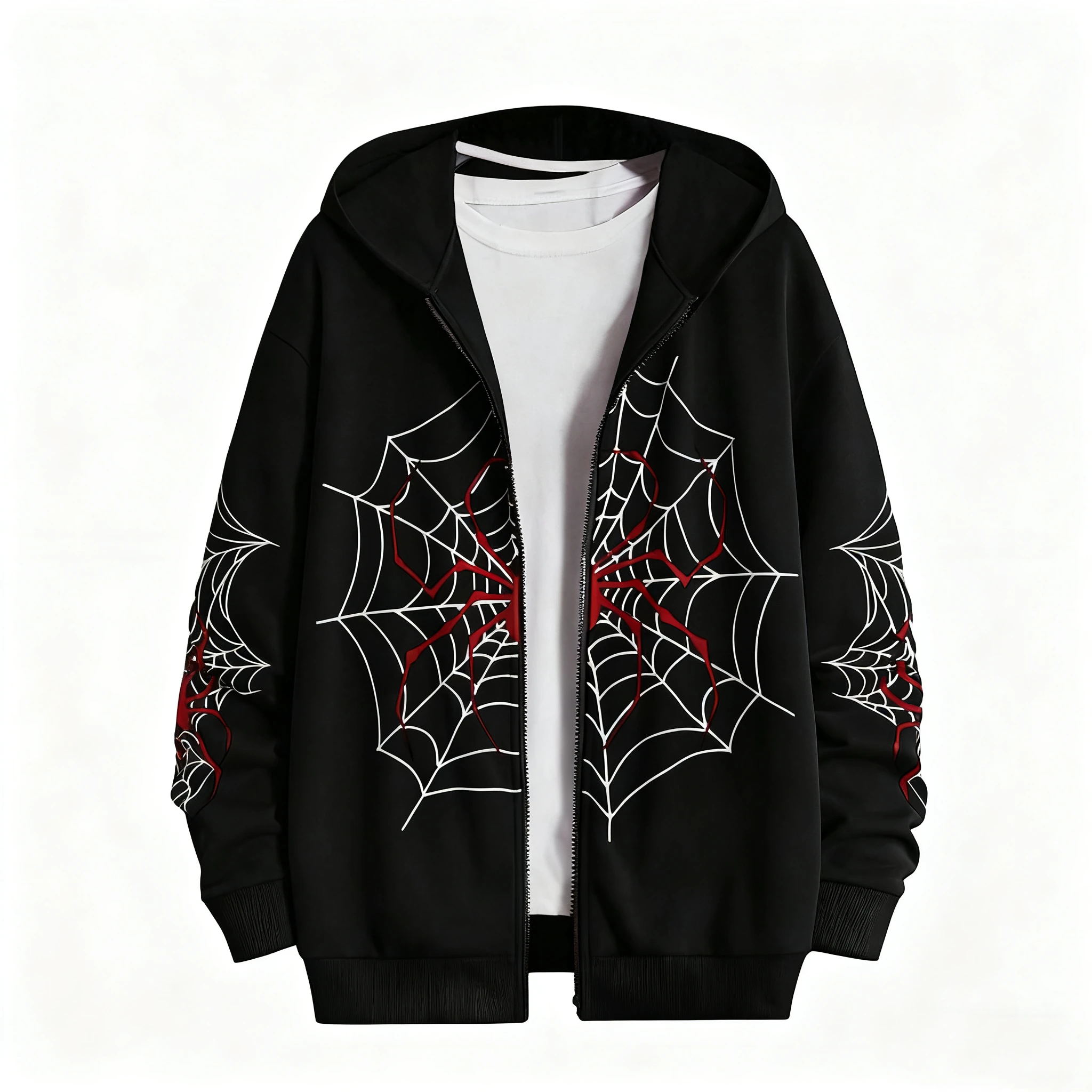 Y2K Spider Web Zip Up Hoodie, Men Women Oversized Black & Red Full-Zip Sweatshirt, Harajuku Gothic Streetwear Hooded Jacket, Hip