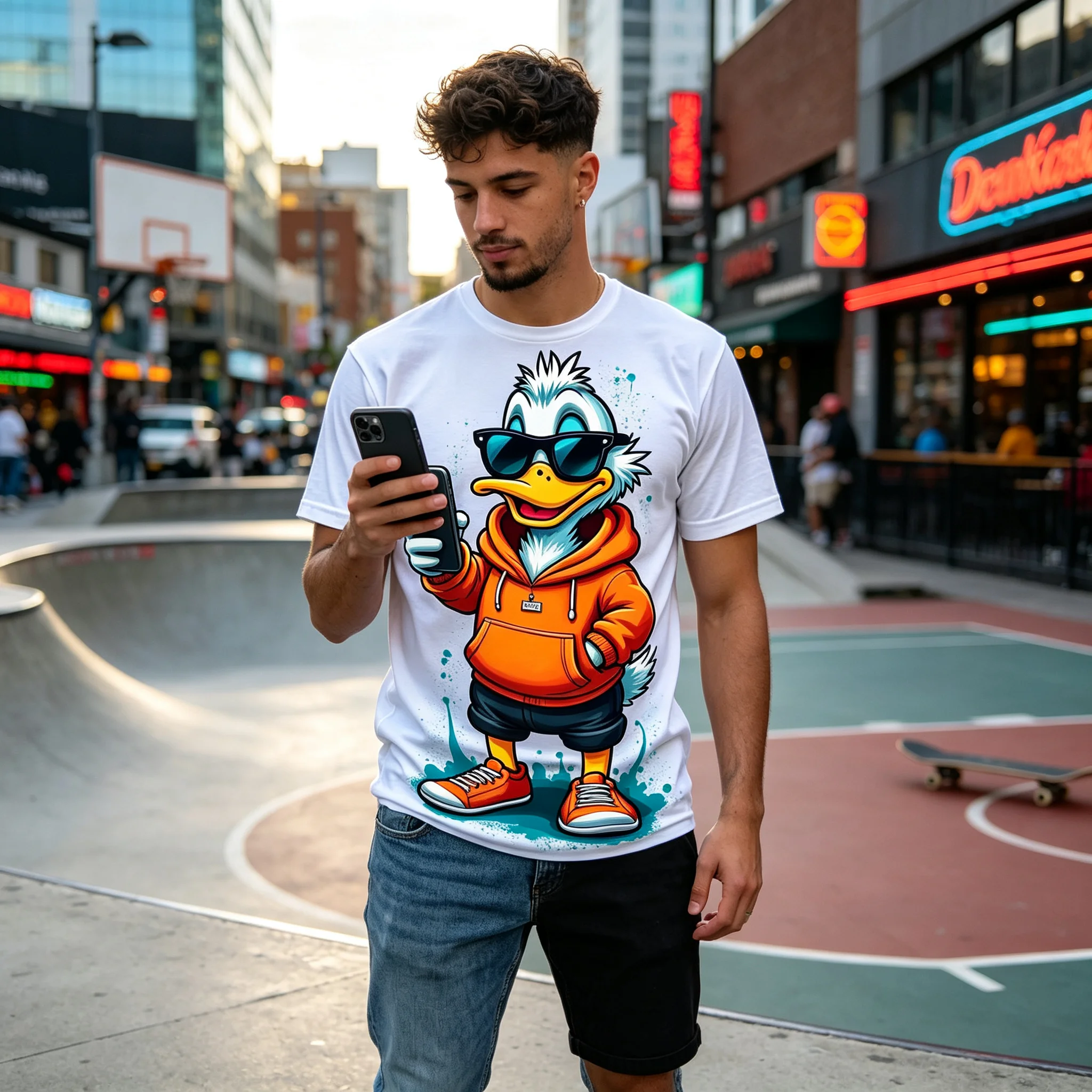 Cool Hip‑Hop Duck Selfie Graphic T‑Shirt, Cartoon Duck With Sunglasses Taking Phone Selfie Streetwear Tee, Colorful Splash Paint Casual Short Sleeve T‑Shirt for Men Women