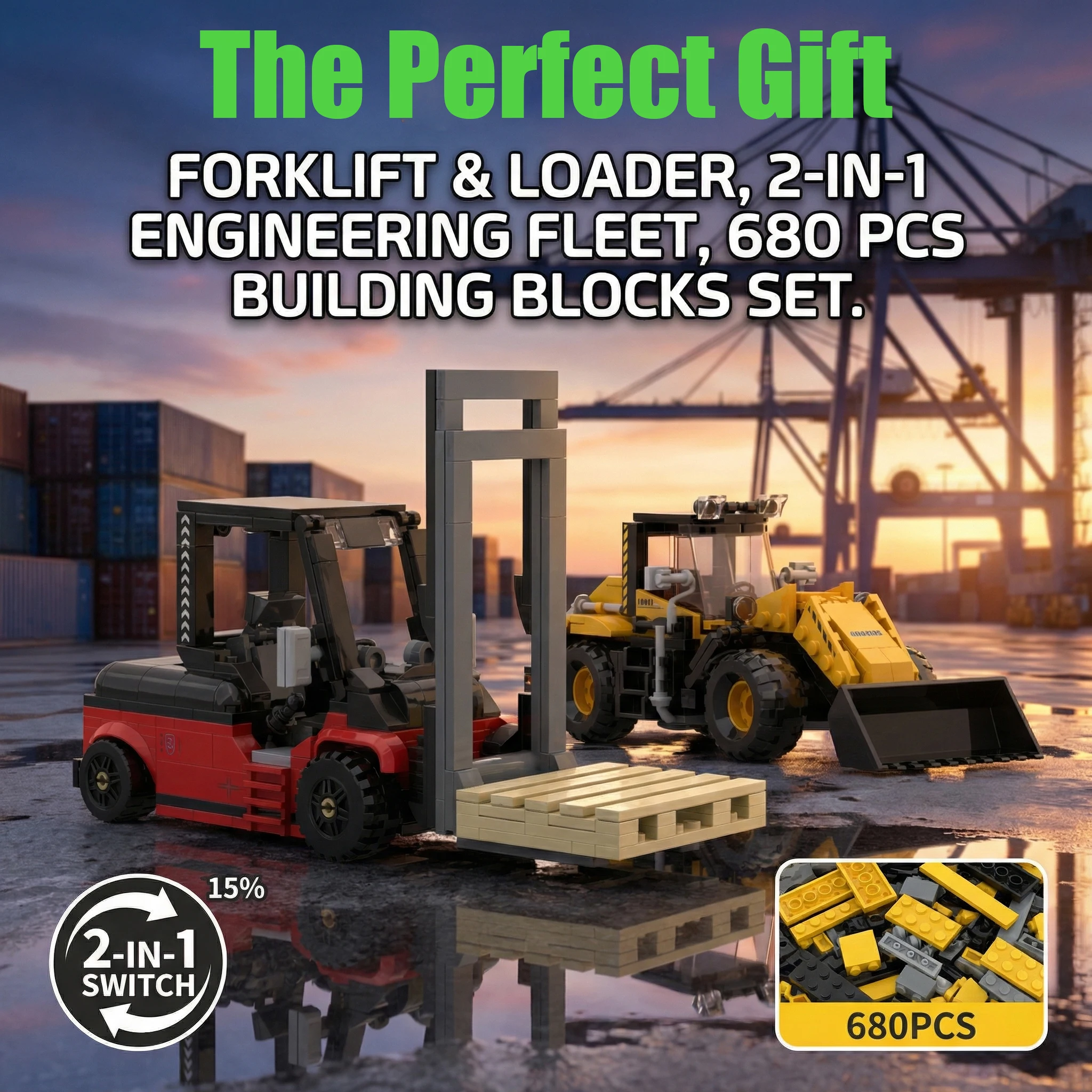

Набор строительных блоков 2-в-1: Погрузчик и инженерная машина (680 деталей), идеальный подарок для мальчиков, конструктор