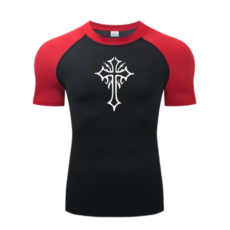 Cross Print Compression Shirt for Men Christian Athletic Tshirt Tees Tops Gym Workout Running Baselayers Undershirts Rash Guard