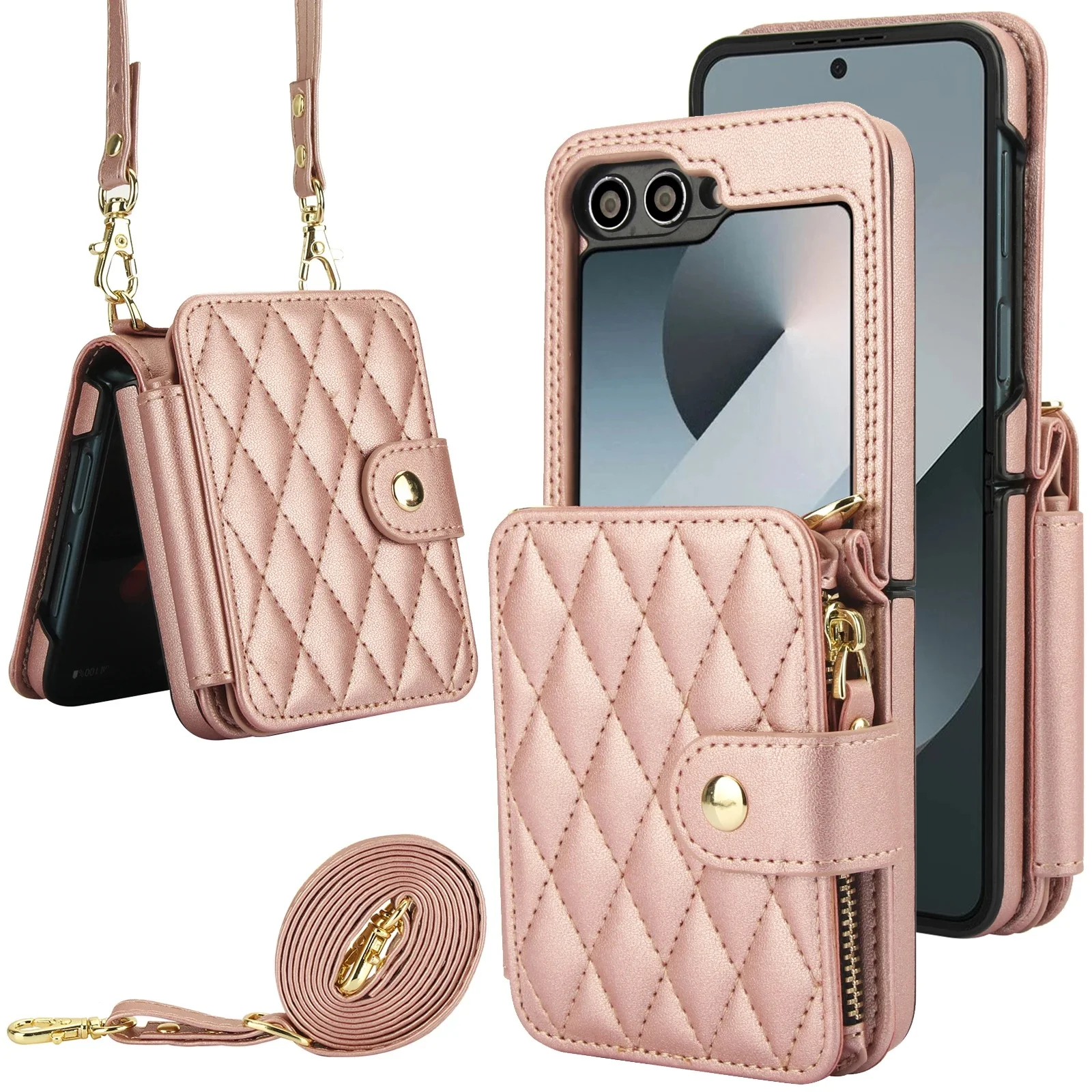 Skórzane etui na karty z zamkiem błyskawicznym do Samsung Galaxy Z Flip 7 FE 6 5 4 Grid Pattern Flip6 Flip5 Long Lanyard Cover — zdjęcie produktu 7