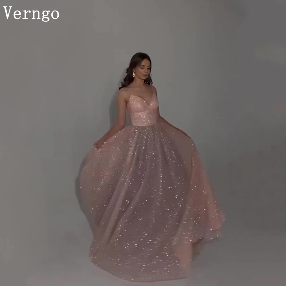 

Verngo Glitter Luxury Pink Prom Dresses 2026 Women Elegant Shint Evening Dress Spaghetti Straps Party Gowns Customized