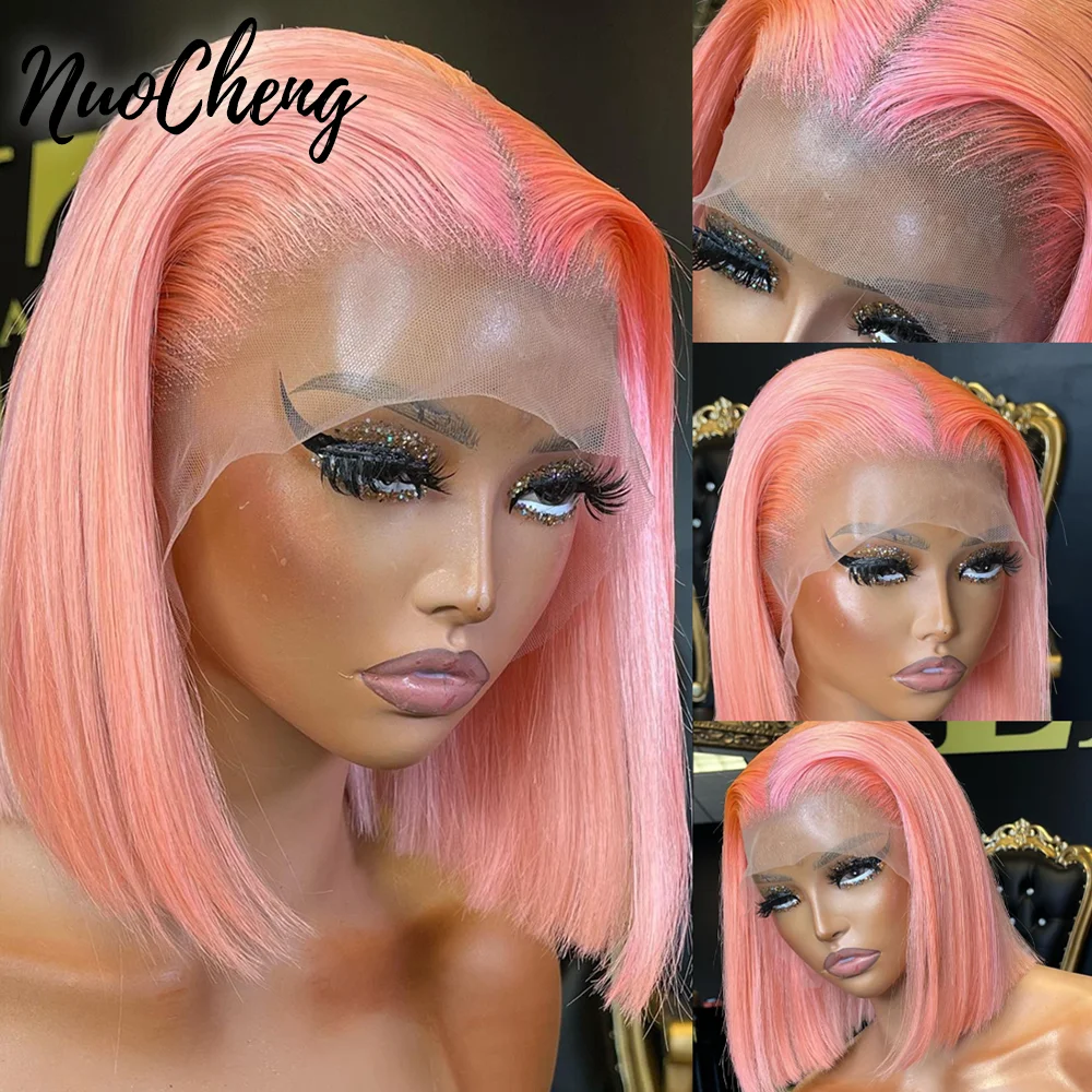 Colored Short Bob Wigs Human Hair Wig with Pre Plucked Baby Hair Pink Color 13x4 Lace Frontal  Glueless Straight Bob Wig 180%