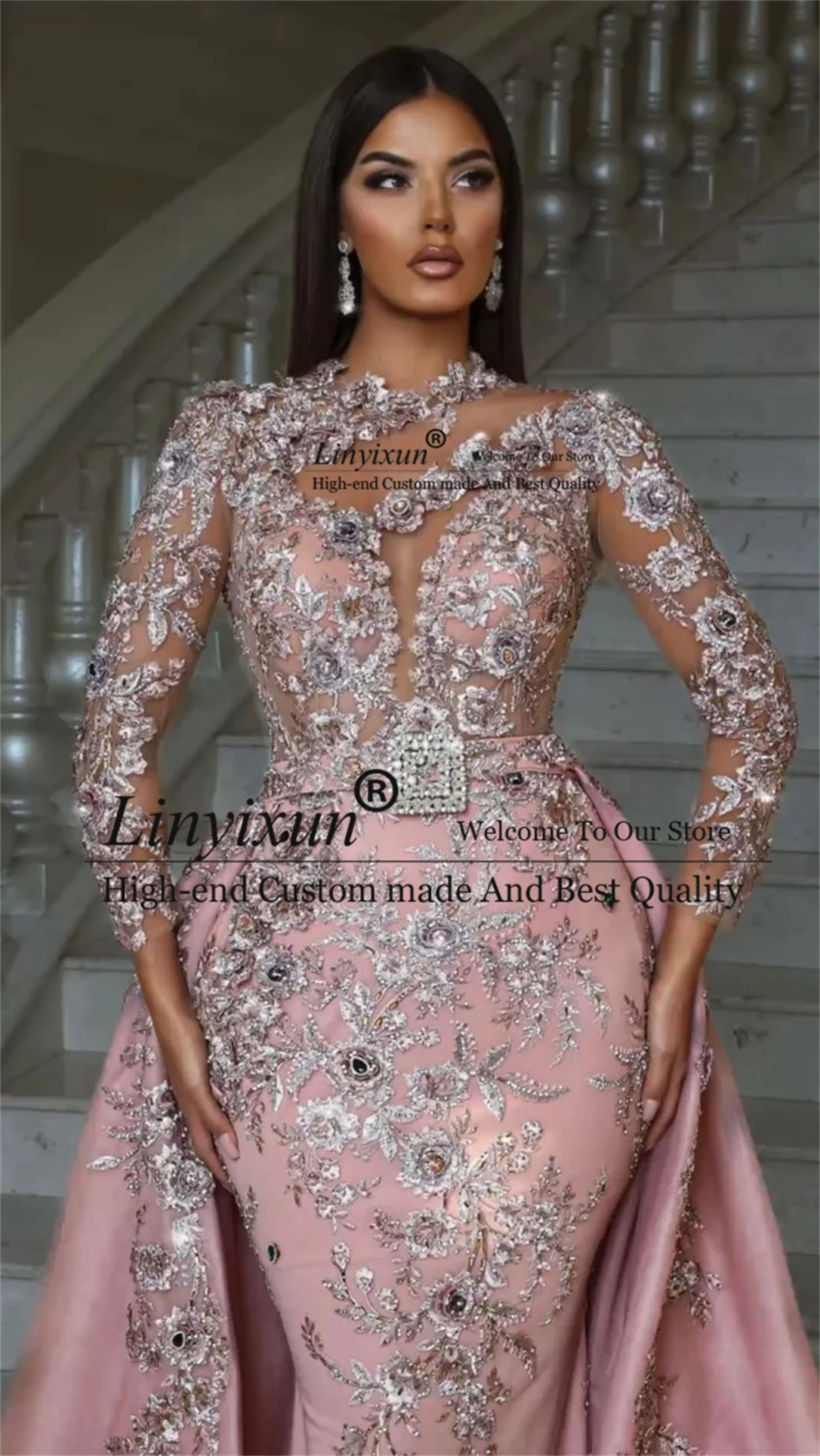 Customized Beaded Mermaid Prom Dresses Appliques Formal Evening Party Gowns Full Sleeves Detchable Train Vestidos de gala