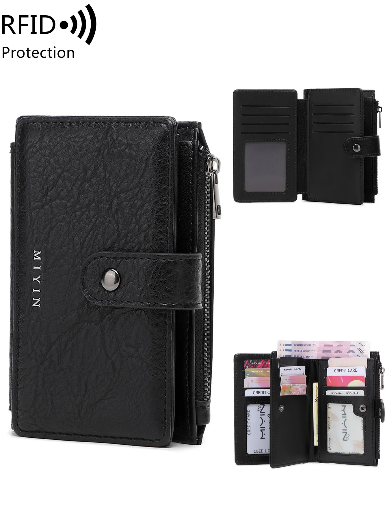 

Женский маленький кошелек с RFID-экраном, двойной держатель для карт на молнии, короткий однотонный многофункциональный кошелек-клатч с окошком для удостоверения личности