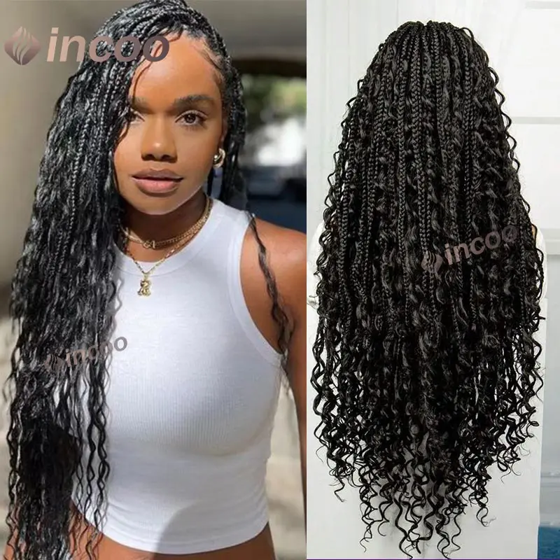 

Synthetic Boho Box Braided Wigs Curly Hair Full Lace Front Wigs for Women Goddess Locs Braid Wig Burgundy Bohemian Box Braid Wig