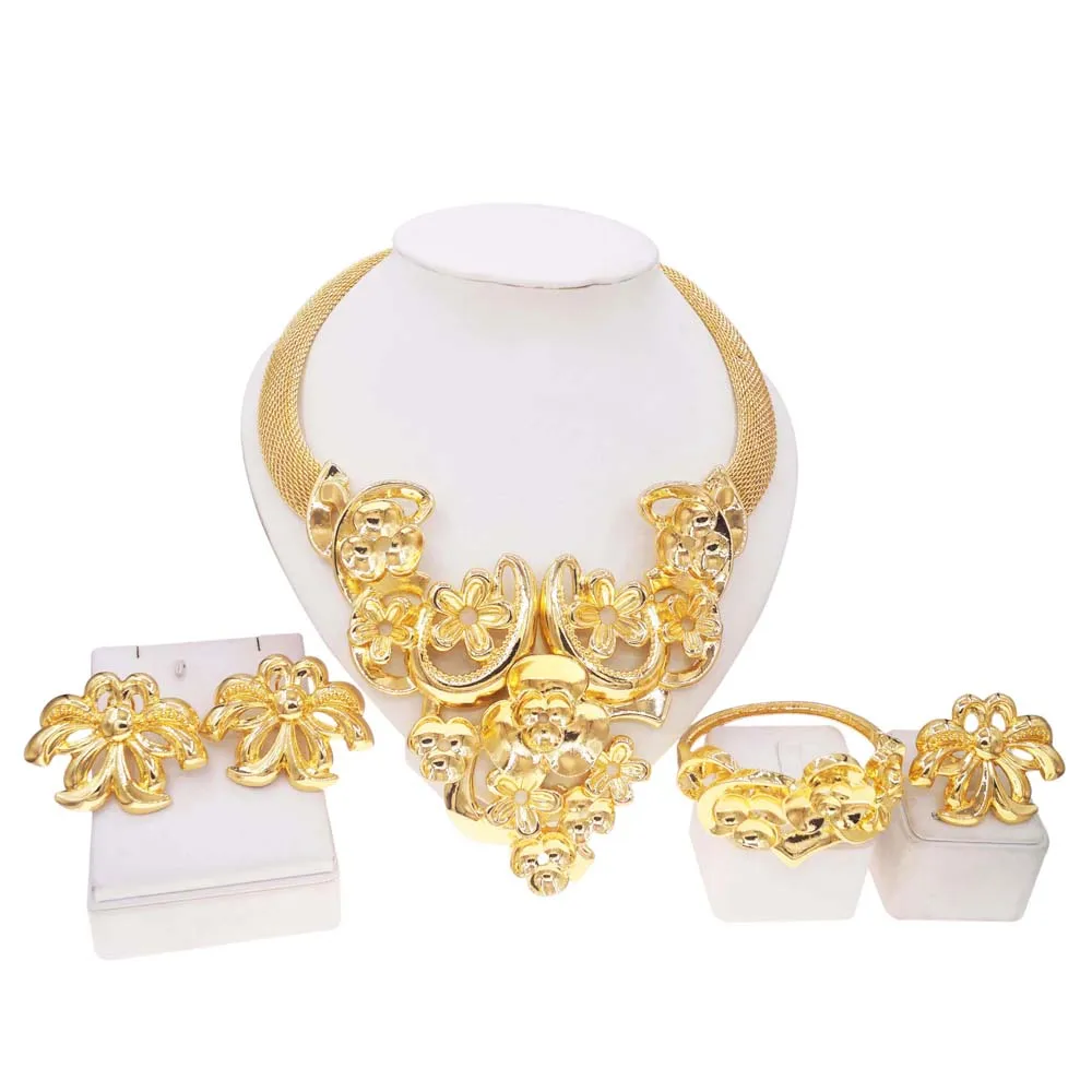 Women Jewelry Sets Brazilian Gold Plated Bud Necklace Earrings Pendant Italy Dubai Gold Color Wedding Party Jewelry Gift