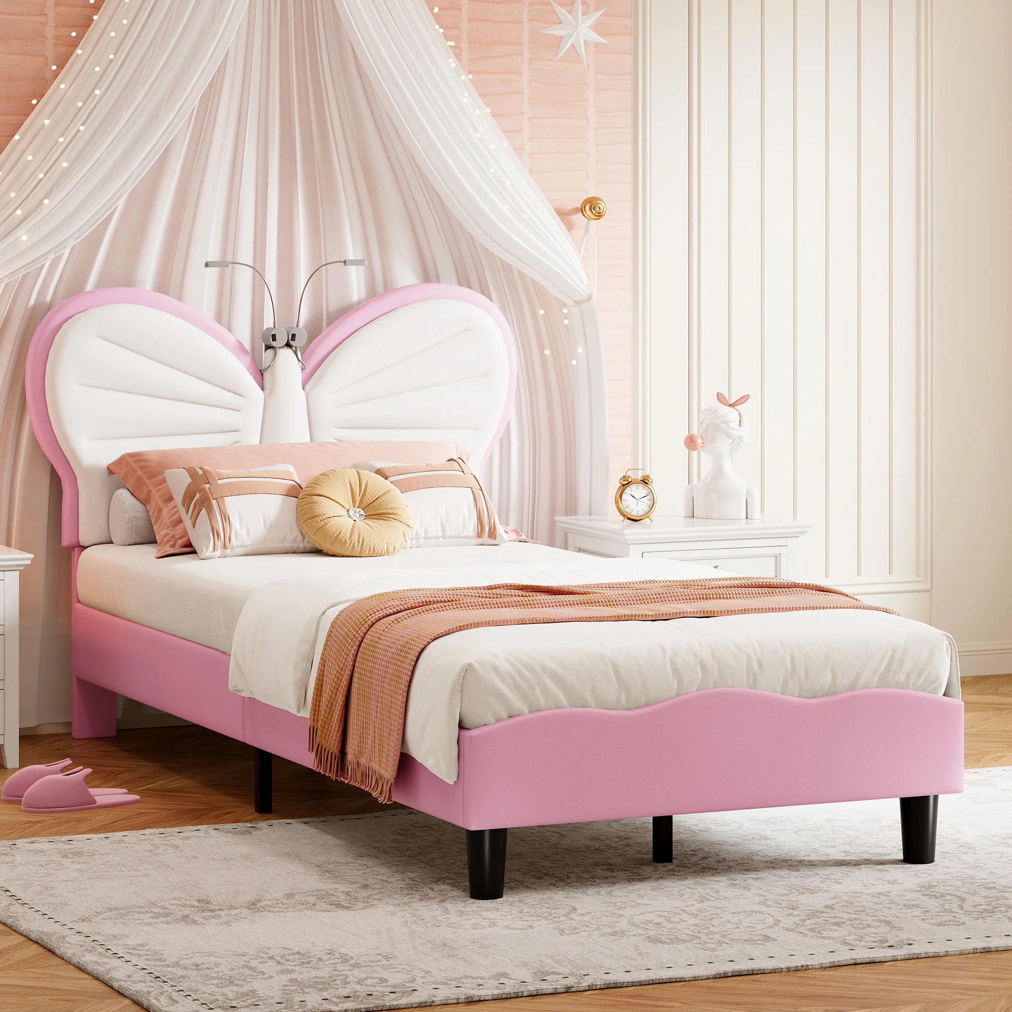 Cama tapizada 90x200cm, cama infantil con LED, cama individual tapizada con somier de láminas de madera, estructura de cama para niñas, camas para niñas con cabecero ajustable, cama juvenil, rosa/azul