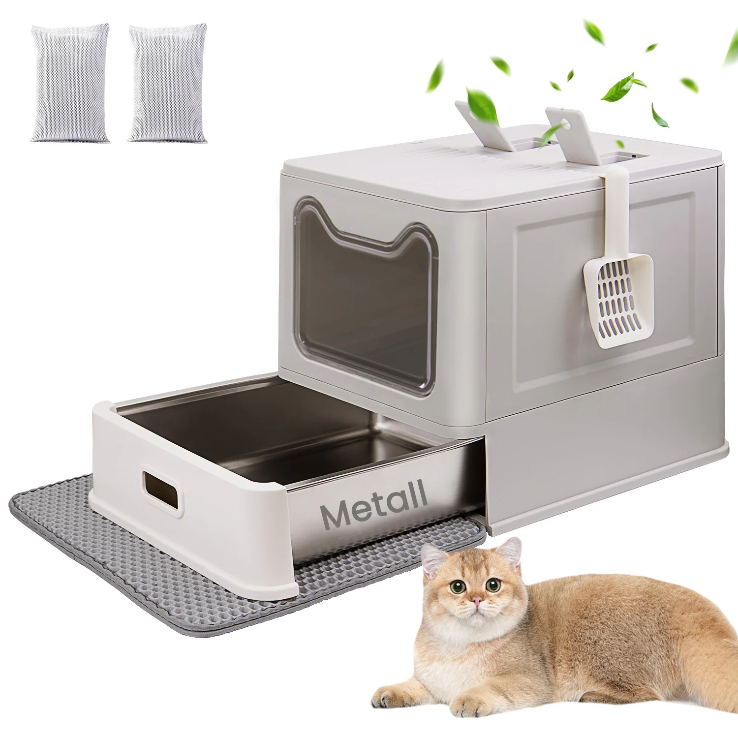 LEEJARD Katzenklo Edelstahl, mit Deckel und Schublade, Geschlossenes Katzentoilette XXL mit Katzenklo Matte ＆ Schaufel für große Katzen. Geruchsfrei, leichte Reinigung