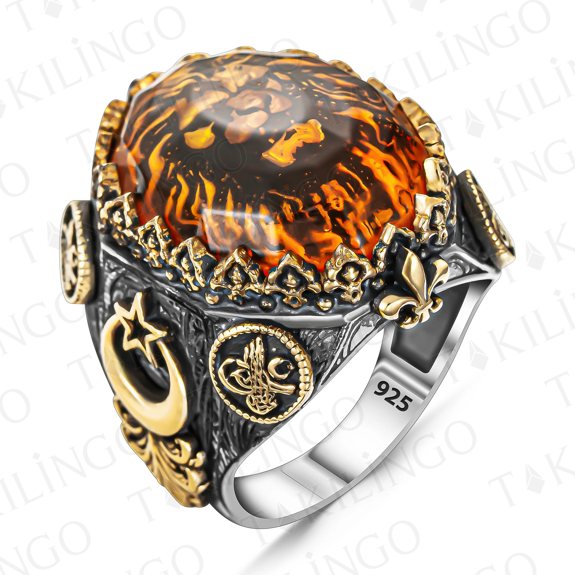 Lion Animal Kingdom The King Lion Head Ring, 925 Sterling Silver Big Amber Stone In 3D Lion Head Rock Ring Gift for Men