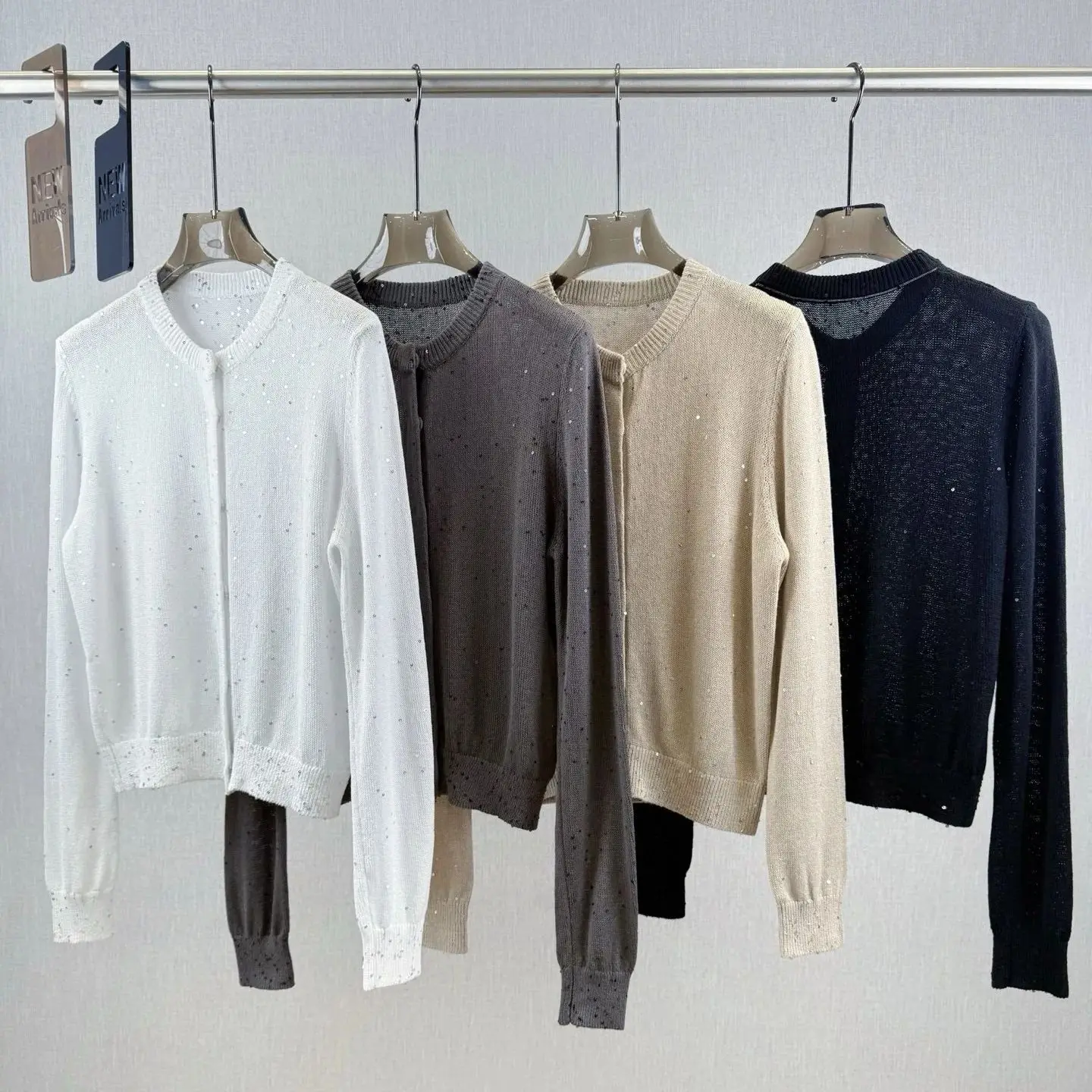 

Women's solid color round neck long sleeve linen knitted cardigan