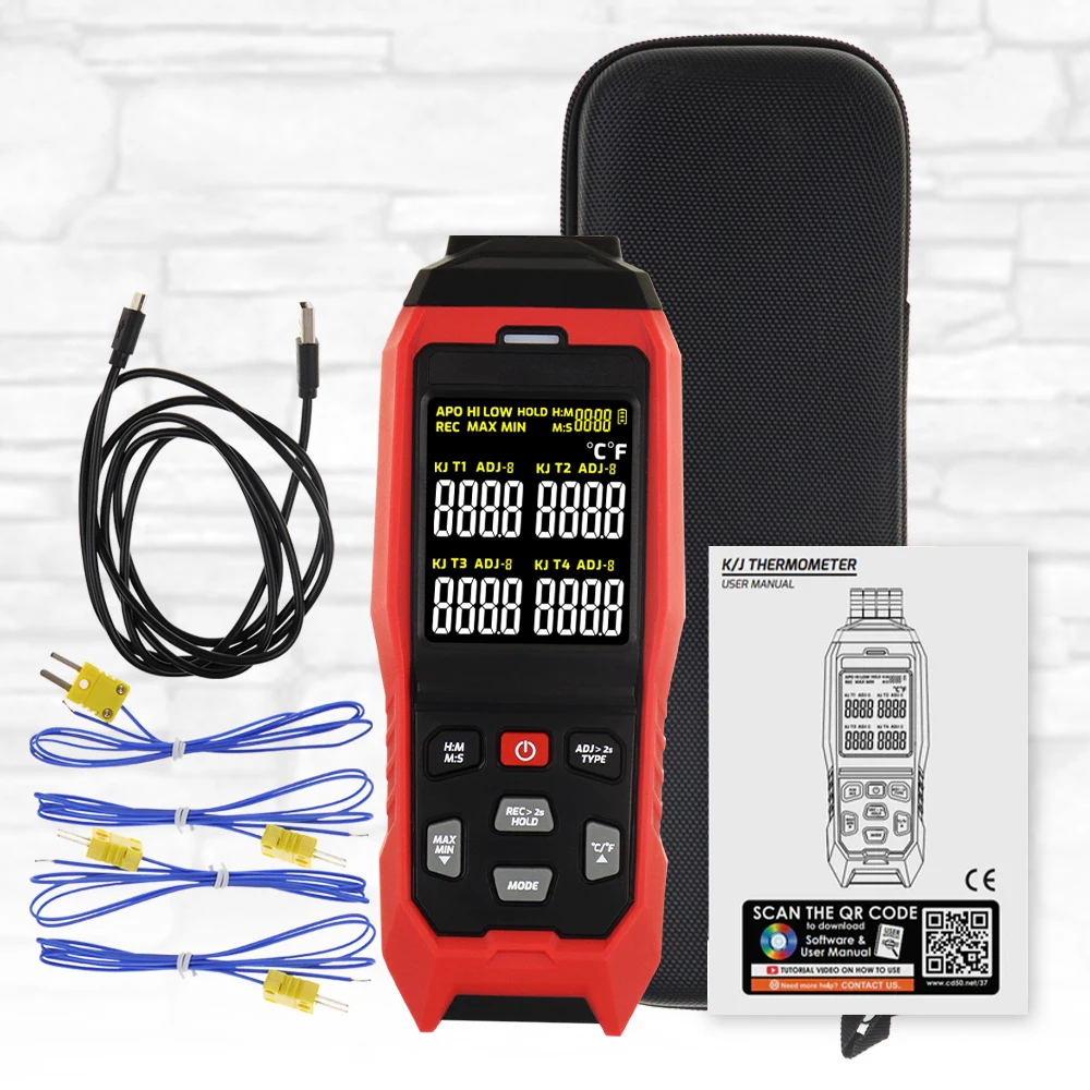 4 Channels K/J Type Thermocouple Thermometer -200~1372℃ -328~2501℉ Digital Meter 5000 Groups Data Storage 4-Channel Display