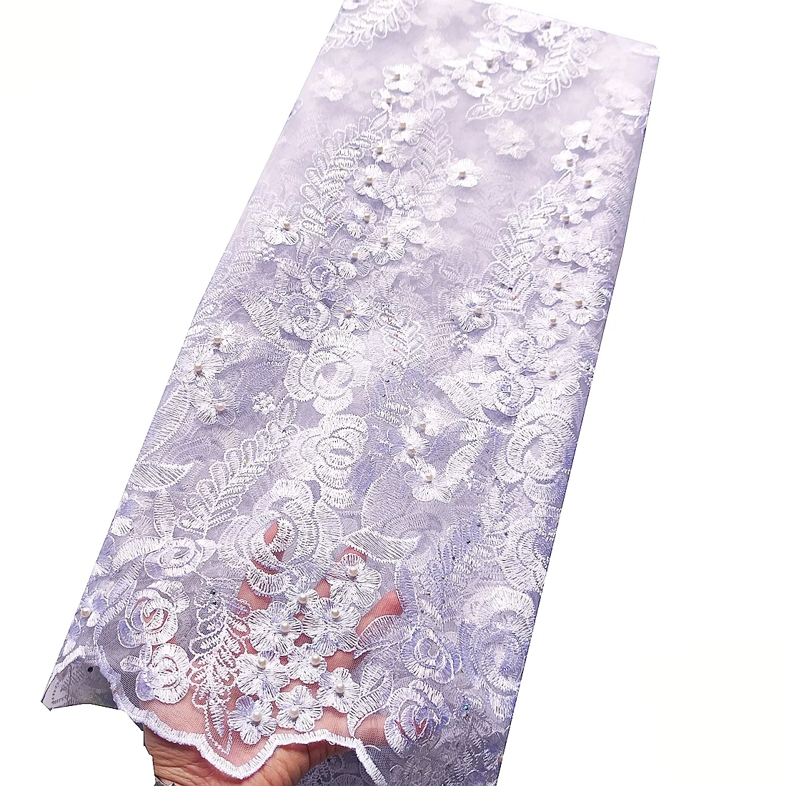 

White Beads African Lace Fabric 5 Yards Embroidered Swiss Net Nigerian Lace Fabrics 2027 High Quality Tulle French Wedding Lace