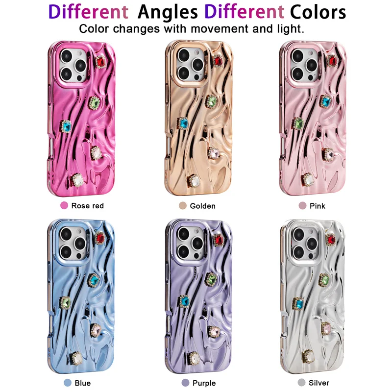 

Luxury plated 3D Pleated textured phone case for iPhone 11 12 13 14 15 16 Pro Max plus 16E Cover Color Gem Cute case for women