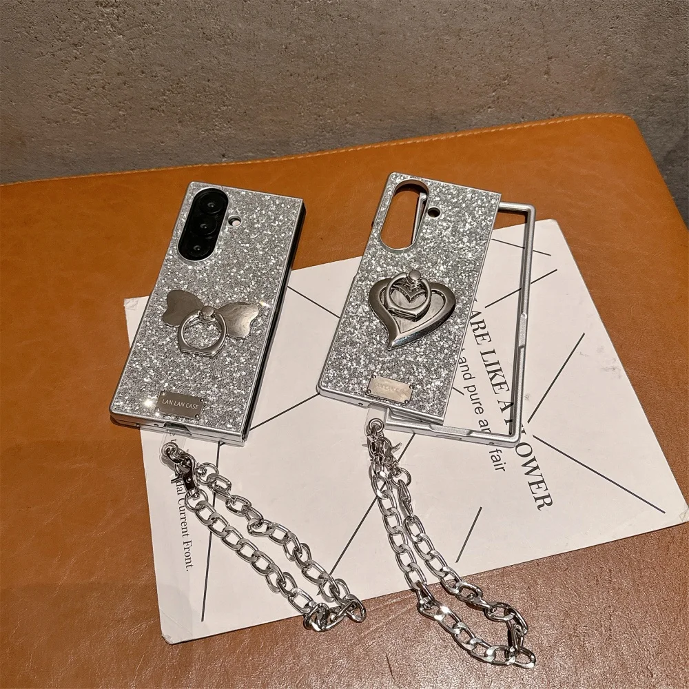 

Glitter love bow ring phone case, suitable for Samsung Z Fold 3 4/5/6/7, with chain, fashionable new shockproof protective case